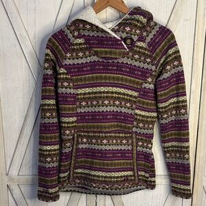 Köppen Fair Isle Sherpa Lined Hooded Pullover Sweater Purple & Green Medium